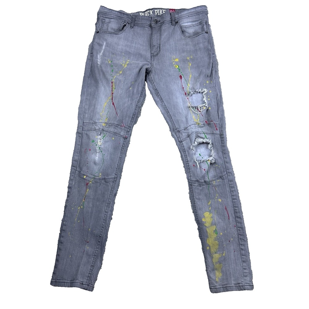 Black Pike Mens Jeans 34x32 Gray Distressed Paint Splatter Streetwear Skater Y2K